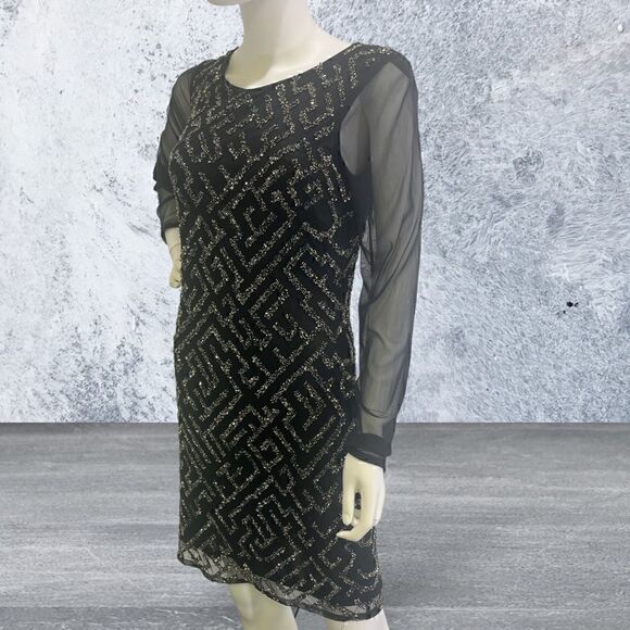 Aidan Mattox Long Sheer Sleeve Beaded Short Black Dress - Picture 1 of 7